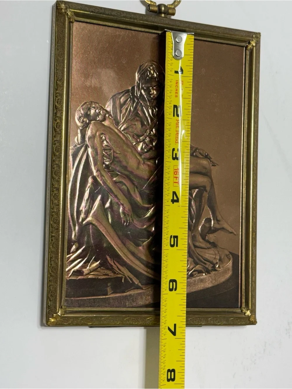 Vintage Michelangelo Pietà Copper Relief Wall Plaque Brass Frame Religious Art